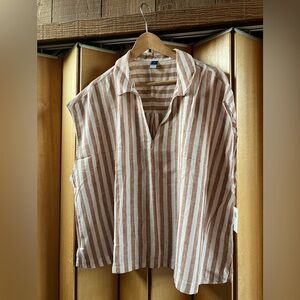 Linen Blend (Size 2X) Tan Stripe Short Sleeve Popover Boxy Cut Minimalist Travel
